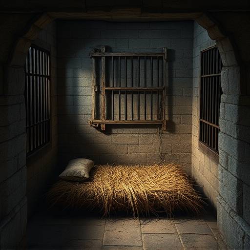 Antigua celda penitenciaria. Se observa una estructura de piedra, una puerta de hierro con barrotes y una cama de paja en el suelo.