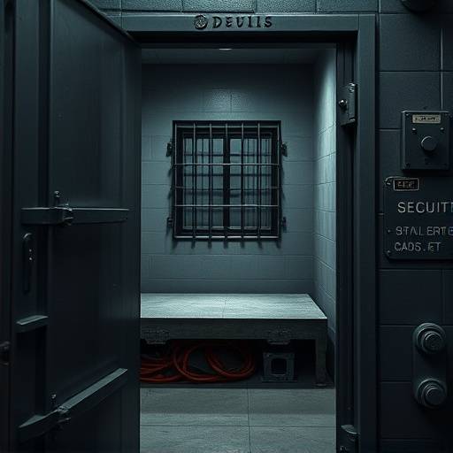 Celda de máxima seguridad. Se observa una puerta de acero reforzado, una pequeña ventana con barrotes y un interior espartano con una cama de cemento.