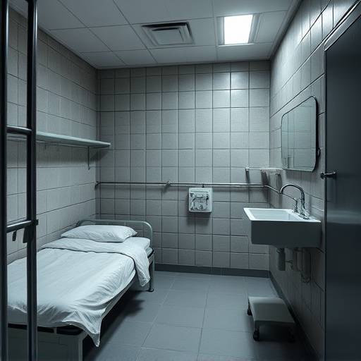 Interior moderno de una celda penitenciaria. Se observa una cama, un escritorio y un lavabo, todo en un espacio reducido y ordenado.