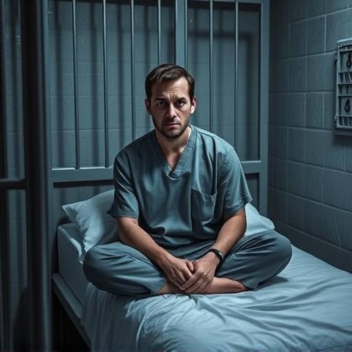 Interno sentado en una cama en una celda penitenciaria, mirando a la cámara con una expresión seria.